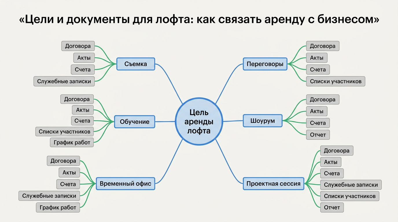 Ментальная карта целей аренды лофта: съёмка, переговоры, шоурум, обучение, временный офис и проектная сессия с перечнем документов.