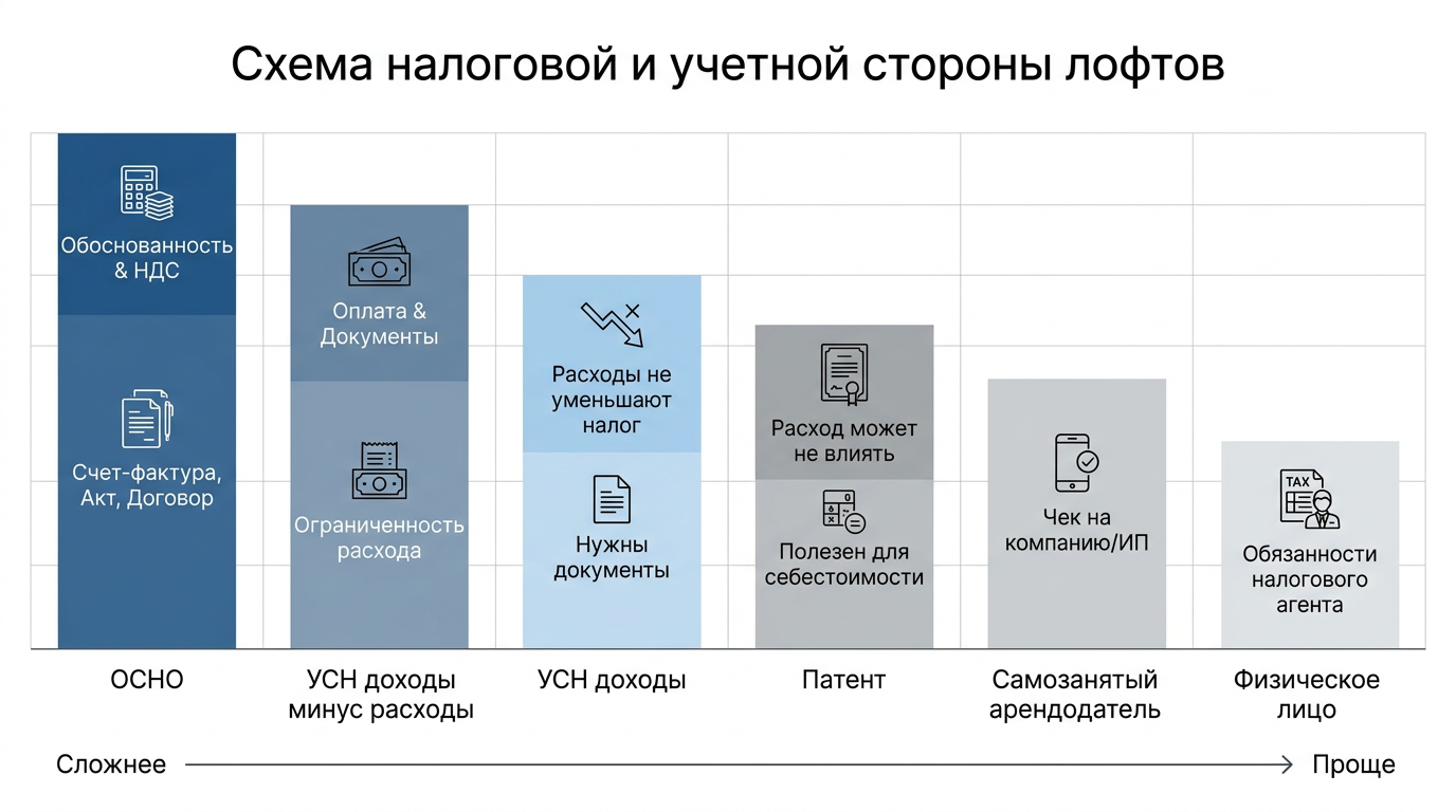 Схема налоговой и учётной стороны аренды лофта: ОСНО, УСН, патент, самозанятость и физлицо — от сложного к простому.