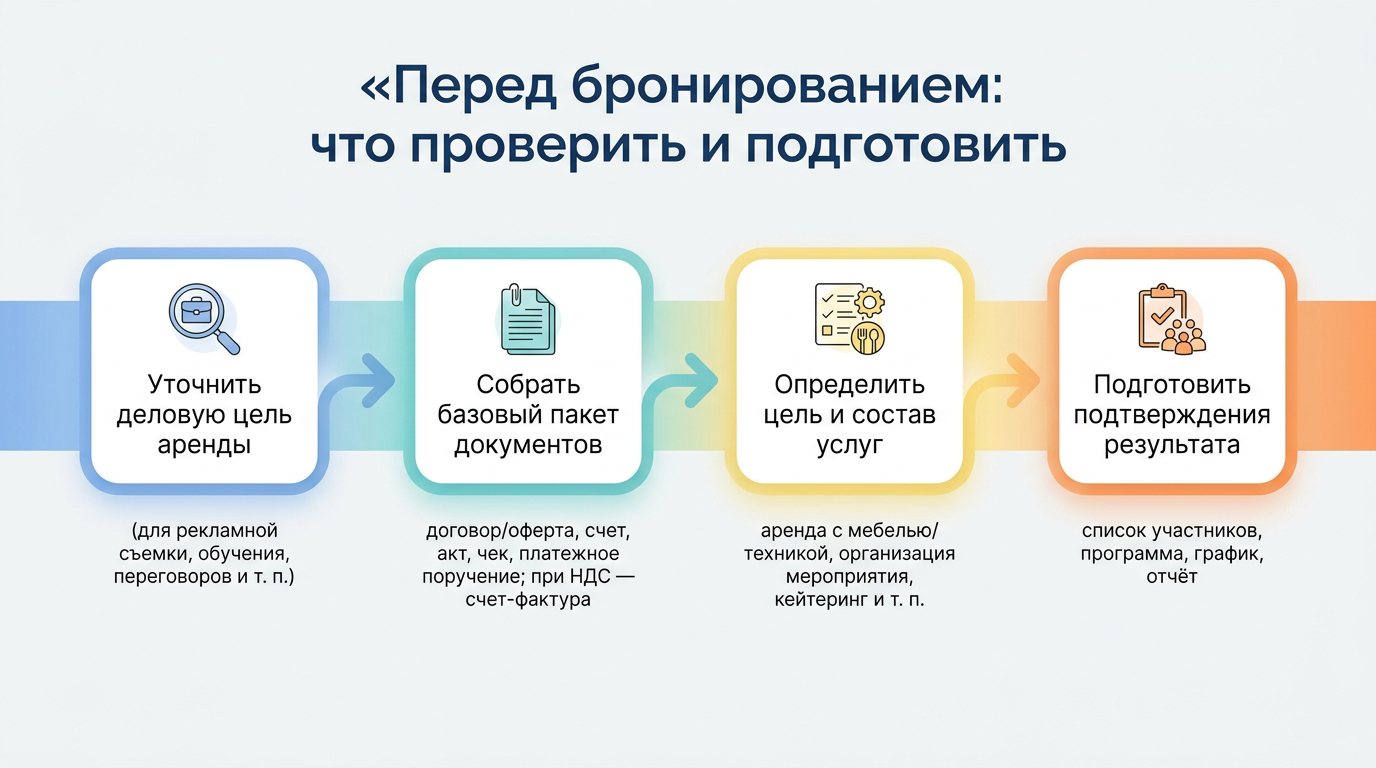 Чек-лист перед бронированием лофта: уточнить цель аренды, собрать документы, определить состав услуг и подготовить подтверждения результата.